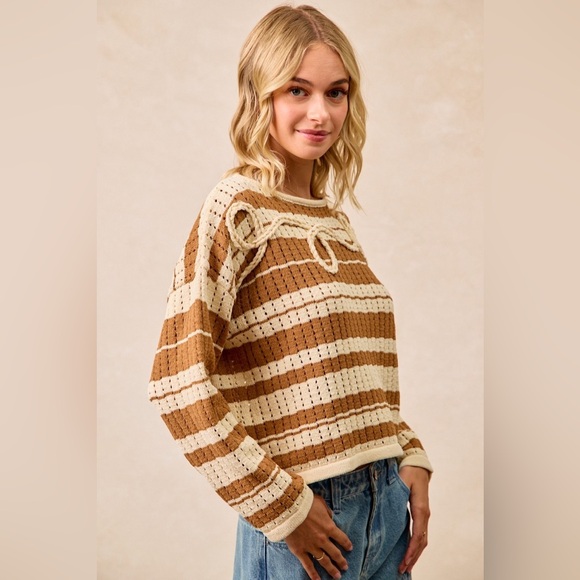 BiBi Striped Open Knit Sweater Top with Front Braided Detail 10010051743 - Picture 7 of 14